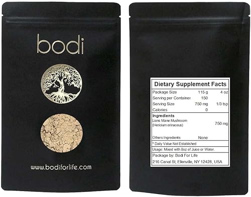 bodi Lions Mane - Polvo de hongo 4 oz a 5 libras 100% puro natural hecho a mano (4 onzas)
