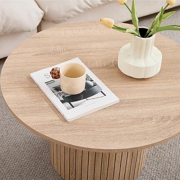 Lot de 2 Tables Basses Rondes en Bois, Table D'appoint Moderne avec Base à Colonne Romaine pour Salon, Balcon et Chambre (Grain de Bois Naturel)