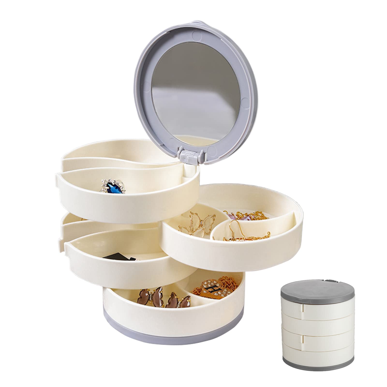 Ledeak Jewellery Organiser Box, 4 Layer 360 Degree Rotating Earring Storage with Mirror, Travel Jewellery Box Jewelry Storage Case for Ring Necklace Bracelet Lipstick (White)