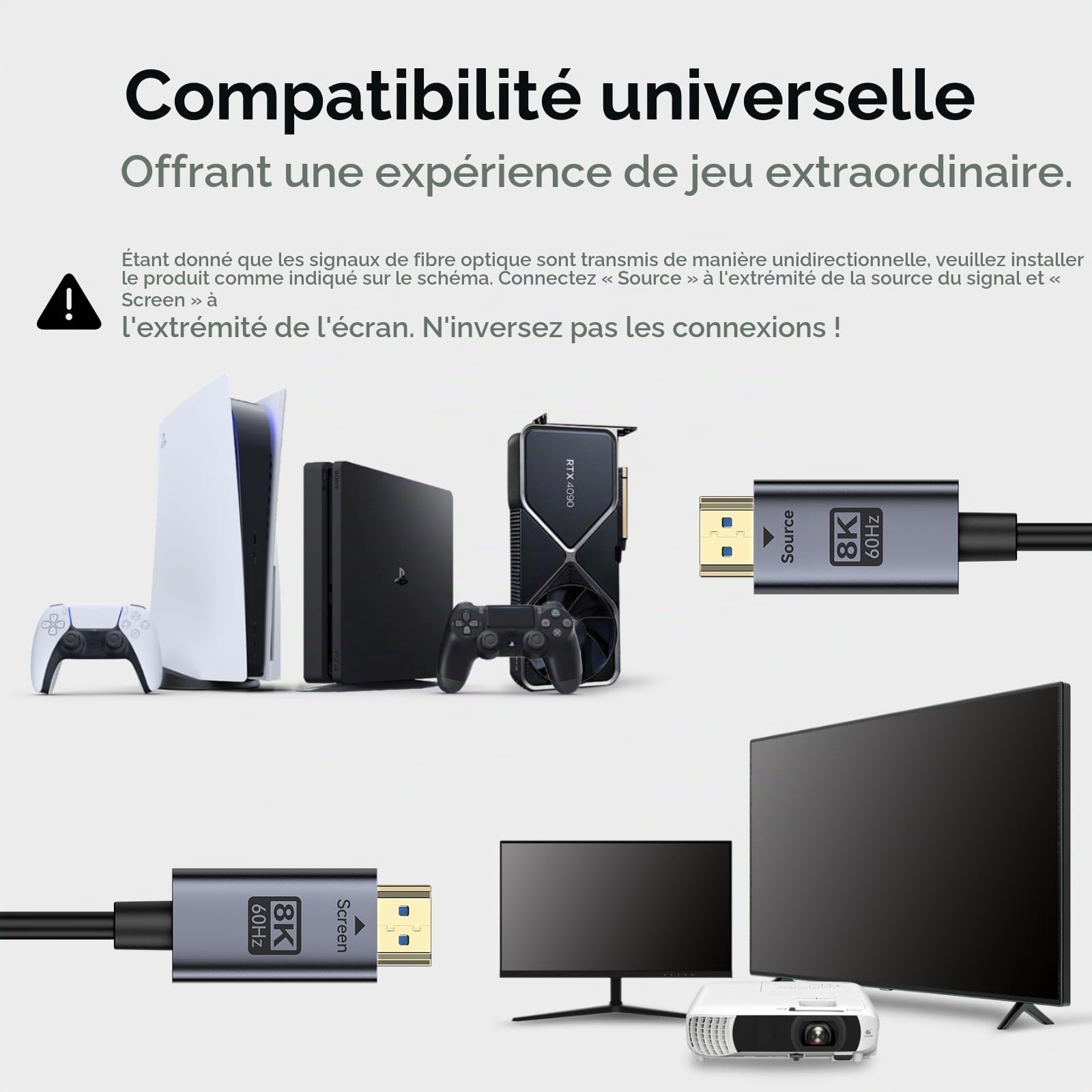 BENFEI Câble HDMI 2.1 Fibre Optique 30 M - 8K@60Hz, 4K@240Hz, 48 Gbit/s, Certification Murale CL3, avec eARC/HDR Dynamique/HDCP 2.3 - Pour PS5, Xbox, PC GPU, TV, Projecteur et Systèmes Home Cinéma