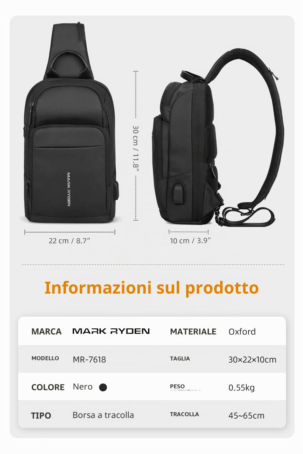 MARK RYDEN Borsa a tracolla antifurto Zaino a tracolla petto a tracolla Zaino leggero casual impermeabile per iPad da 9,7 pollici