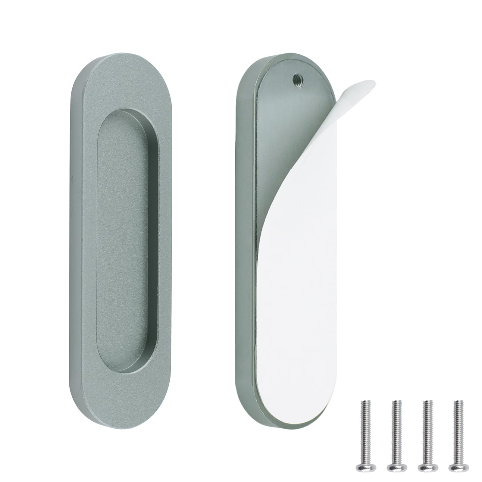 Morobor Matte Grey Self-Stick Oval Sliding Door Pulls, 2Pcs Aluminum Alloy Flush Pull Punch-Free Handle For Sliding Barn Door Windows Cabinets (, 100Mm)