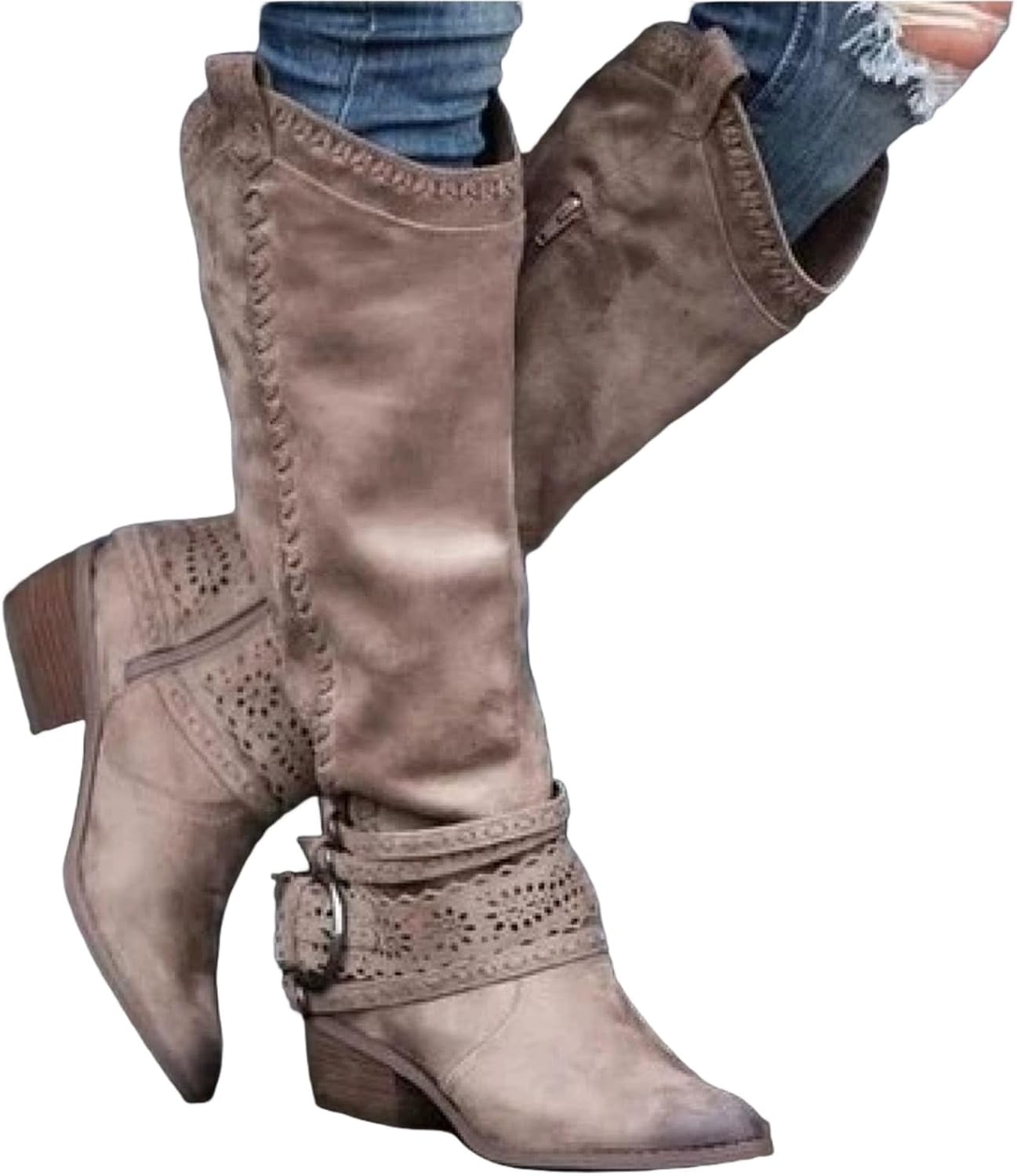 Women's Mid Calf Dress Boots Comfortable Western Boot Biker Motorcycle Riding Boots Pointed Toe Chunky Block Mid Heels Knee Length Long Booties Motorcycle Shoes