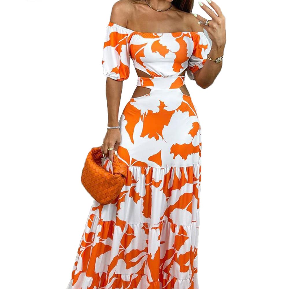 XNIUIUXNIUIU Off-The-Shoulder Printed Cutout Lace-up Dress, Women Summer Floral Print Backless Strappy Sexy Flowy Beach Maxi Dress (Orange,S)