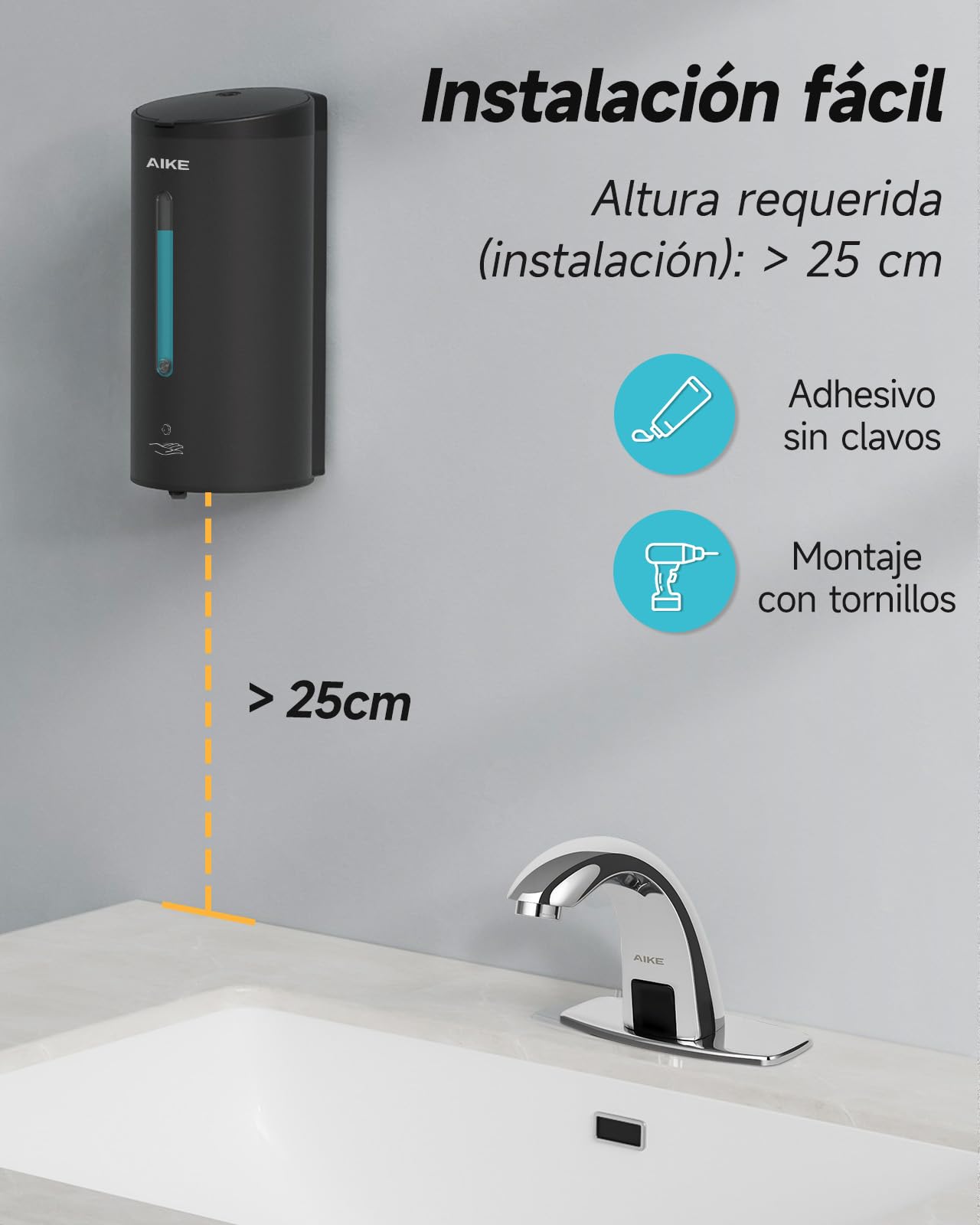 AIKE FoamCore Dispensador de Jabón Espuma Automático, de Pared para Uso Comercial, 750ML Acero Inoxidable para Jabón de Manos Espumoso (Acero Inoxidable Negro)