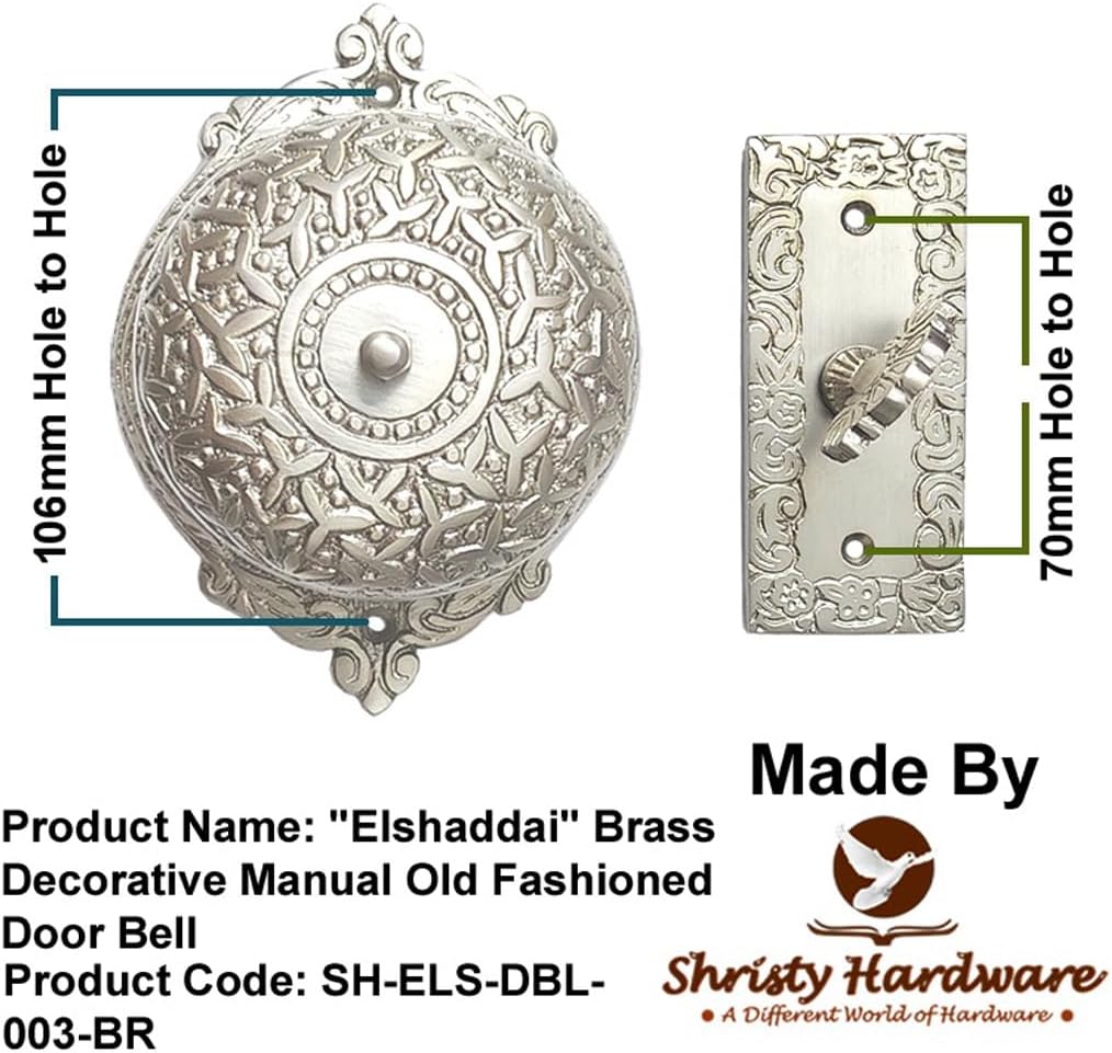 "Elshaddai" Brass Manual Old Fashioned Door Bell – Vintage Twist Bell – Mechanical Turn Door Bell for Home – (Pack of 1 Satin Nickel Finish)