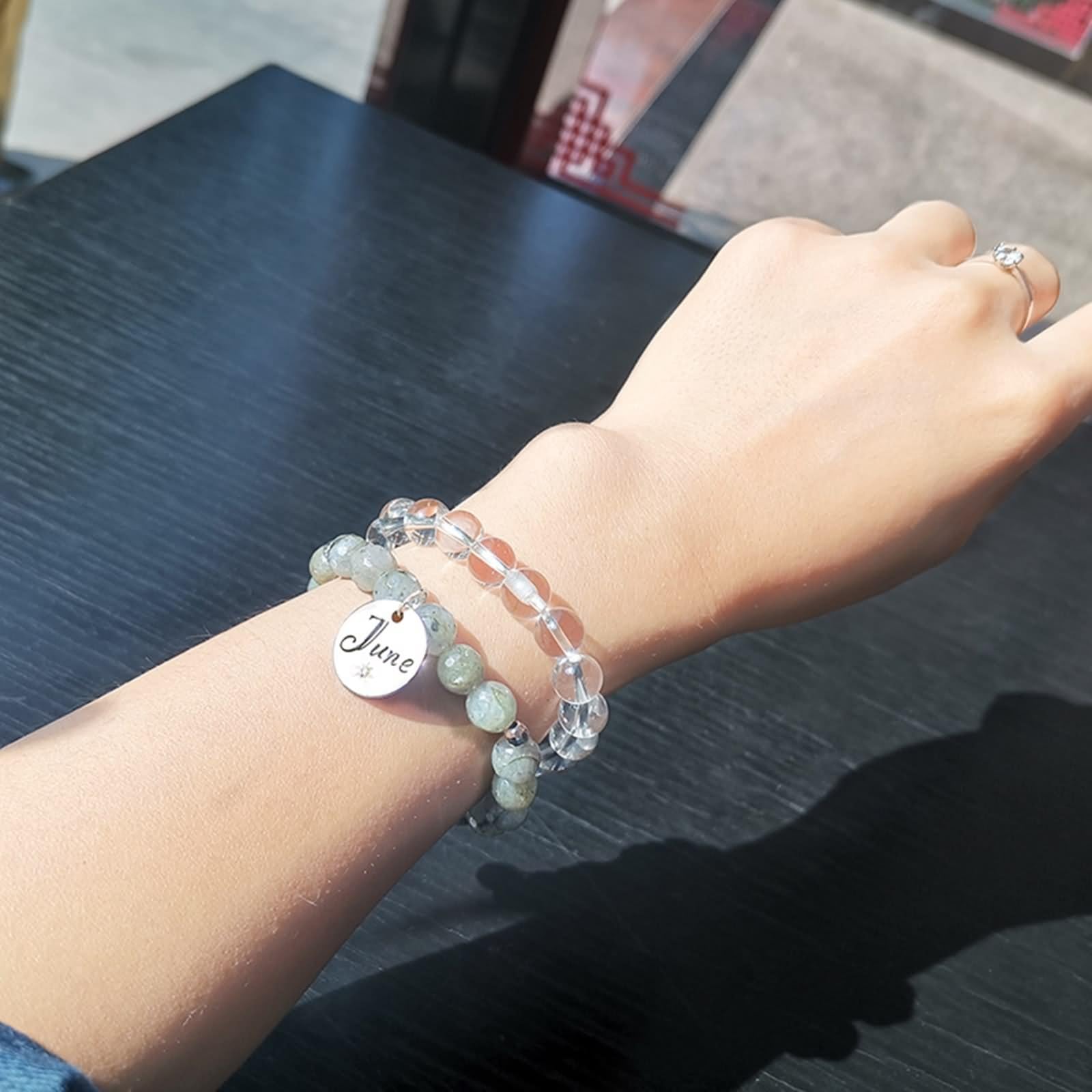 Pulsera de plata de ley, pulsera para mujer, piedra gris de moda con piedra natal de junio, cadena ajustable con circonita cúbica redonda blanca
