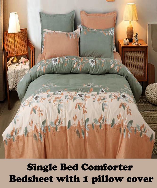 Image of Polycotton Printed 120 TC Comforter & Bedsheet Single Bed Bedding Set, Queen Size (60x90 inch), Green & Orange, 3 Pieces