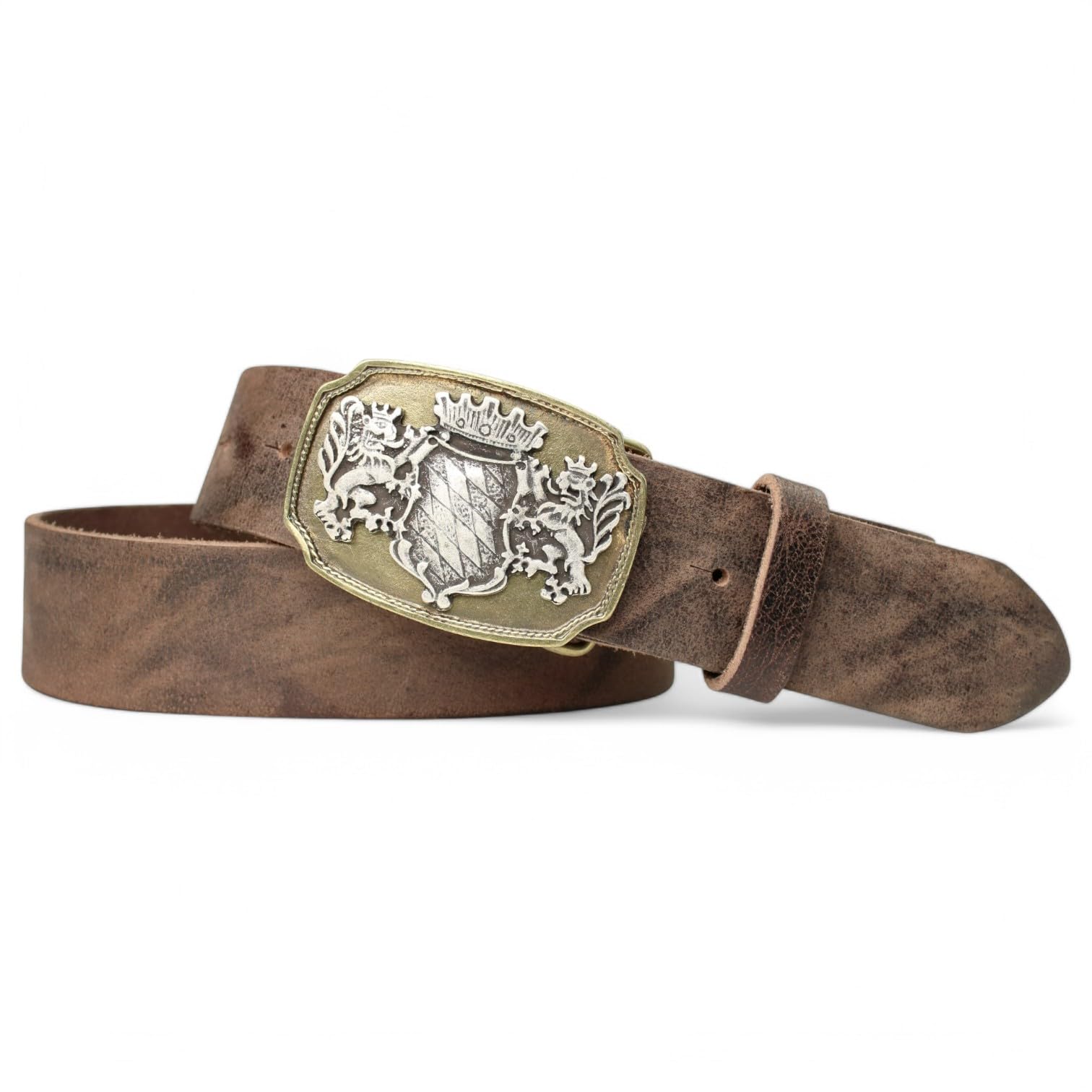 FRONHOFER Trachtengürtel Herren 100% echtes Leder 4 cm Breite zweifarbige Schnalle Bayern Wappen Druckknopf wechselbar Größen 90 95 100 105 110 115 120 125 Made in Germany