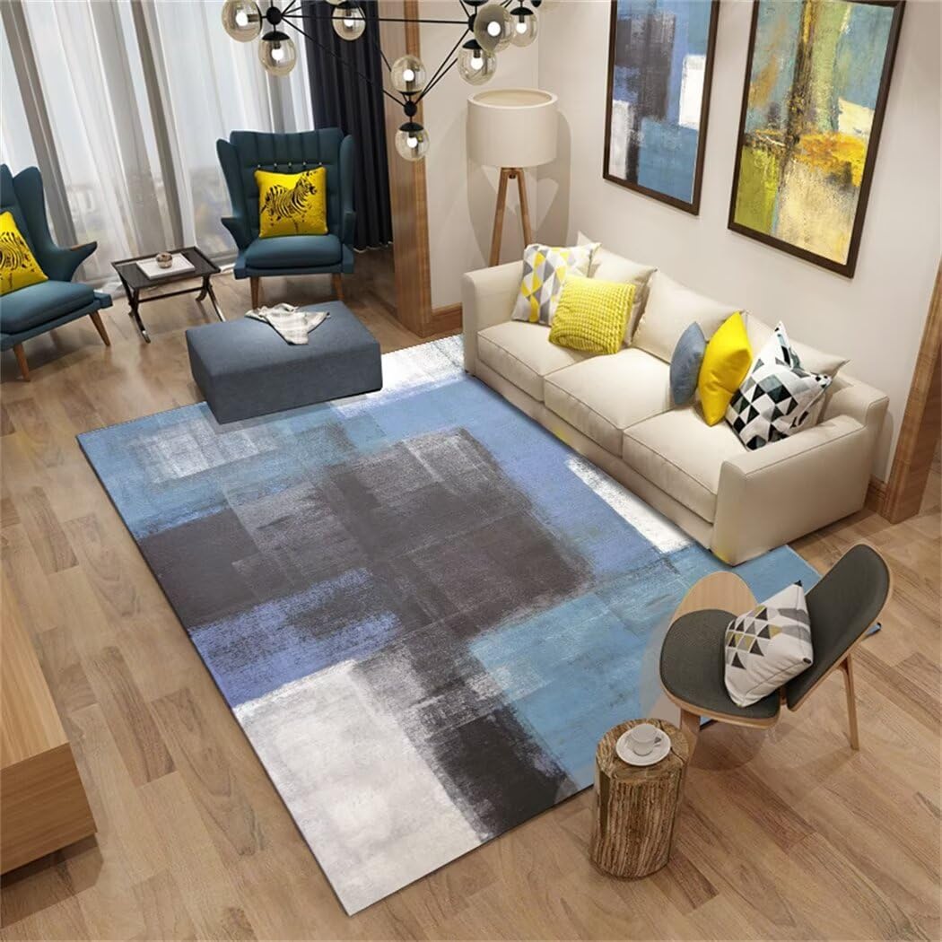 Tapis moderne simple doux bleu anti-tache moquette chambre ado 120x160cm