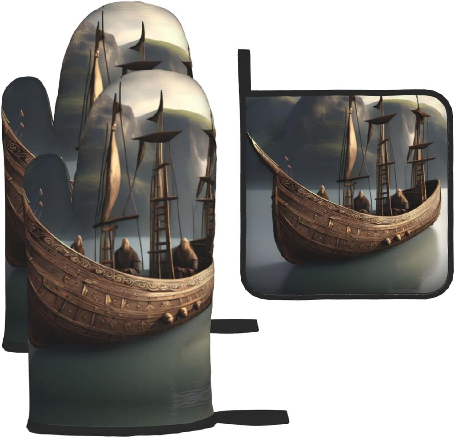 Nordic Pirate Ship Print Heat Resistant Microwave Gloves, Used for Baking, Cooking, and Fashion Kitchen Essentials