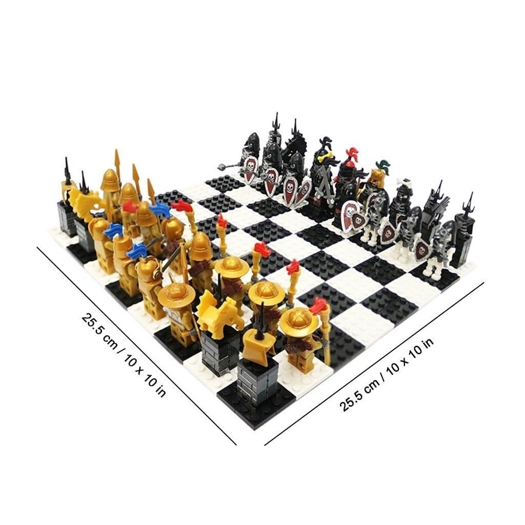 Gioco di scacchi fai da te con mattoncini, Cavaliere d'oro contro Cavaliere scheletro, classico gioco educativo for le capacità cognitive scacchiera portatile(01)