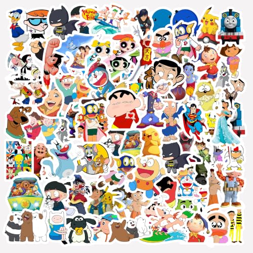 Image of Cartoon Sticker Pack of 70 - Waterproof Vinyl Stickers for Laptop, Water Bottle, Notebook, Journal, Phone Case, Luggage, Scrapbook & DIY Decoration | Colorful Animated Character Collection for Kids.