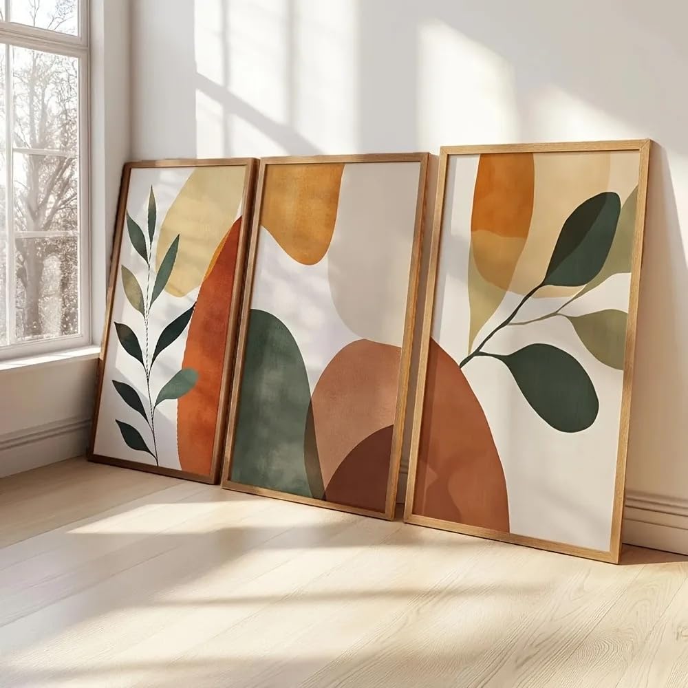Lienzo estampado geométrico botánico bohemio, con los tonos tierra más grandes y formas abstractas, decoración para sala de estar (50x70cm/3 piezas sin marco)