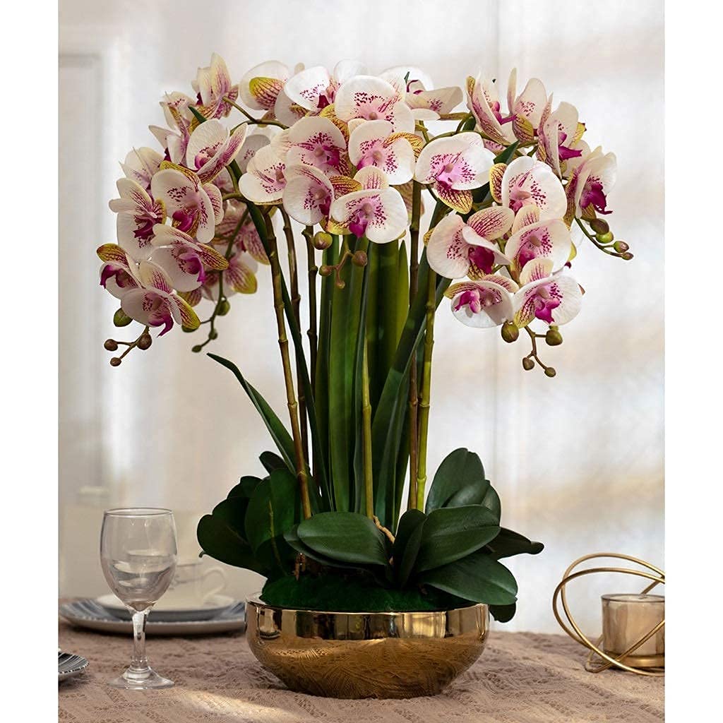 Kunstblumen-Set, künstliche Orchideen (Phalaenopsis 8) mit Goldener Vase, Dekoration für Hochzeitszimmer, Schlafzimmer und mehr.