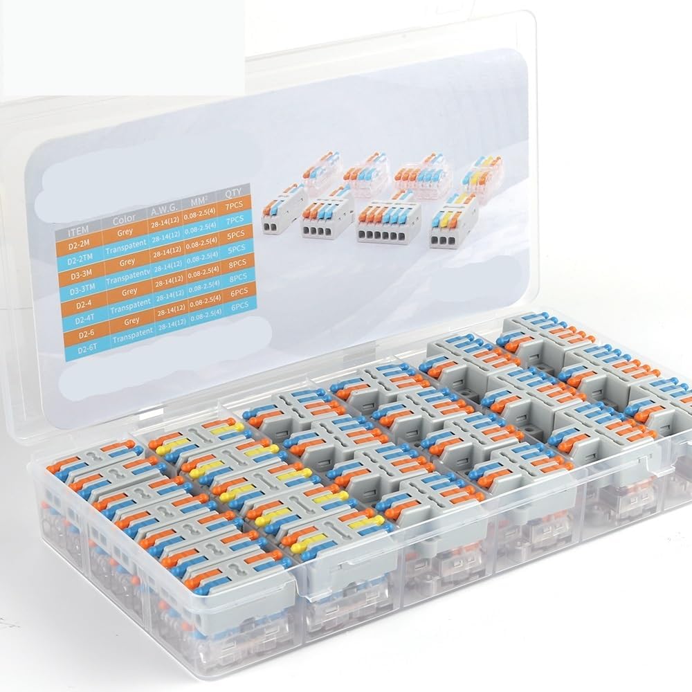 Fast Wire Connector Boxed Kit Quick Butt Splicing Terminal Block Lever Compact Electrical Cable Splitter Wiring Connectors(D2346M 52PCS Box)