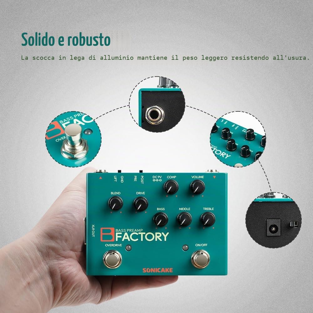 SONICAKE Pedale per basso con overdrive Preamp analogico Pedale per effetti di compressione EQ a 3 bande Uscita XLR B Factory