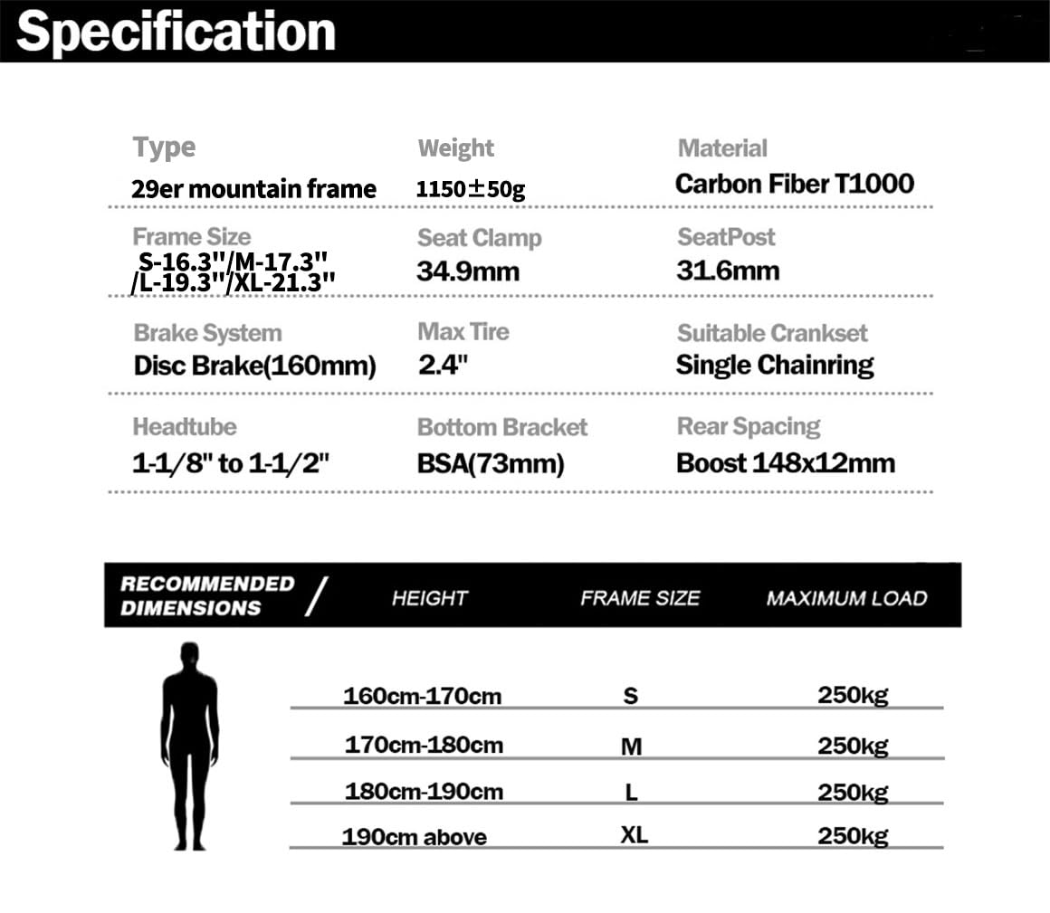 29er Mountain Bike Hardtail Frame 16.3/17.3/19.3/21.3in Carbon Fibre Frame XC Cyclocross Disc Brake Frame 12 * 148mm Thru-Axle Boost Frame BSA BB73mm Internal Routing Max 2.4in(17.3in)