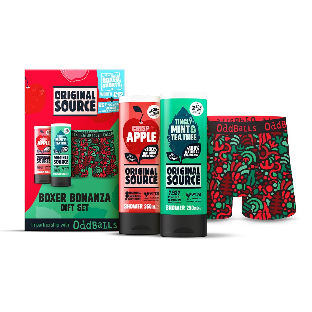 Original Source x Oddballs Boxer Bonanza Gift Set with Crisp Apple and Mint & Tea Tree Shower Gel and Boxers, Gifts for Men, Birthday Gift, 100 Percent Natural Fragrance, Vegan, Cruelty Free