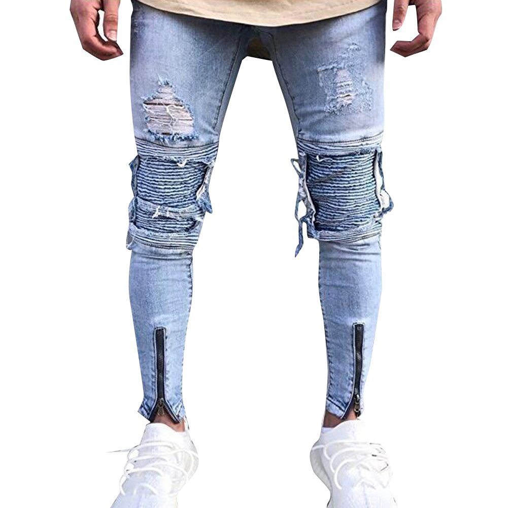 Mens Stretch Boyfriend Jeans Distressed Ripped Jeans Knee Ripped Skinny Jeans Ankle Zipper Jeans Blue 38