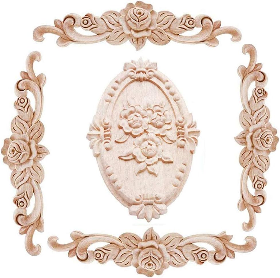 Beoot Wood Carved Applique Onlay Unpainted Corner Onlay Applique Door Cabinet Rose Unpainted European Style (20x5cm/7.87x1.97inch)