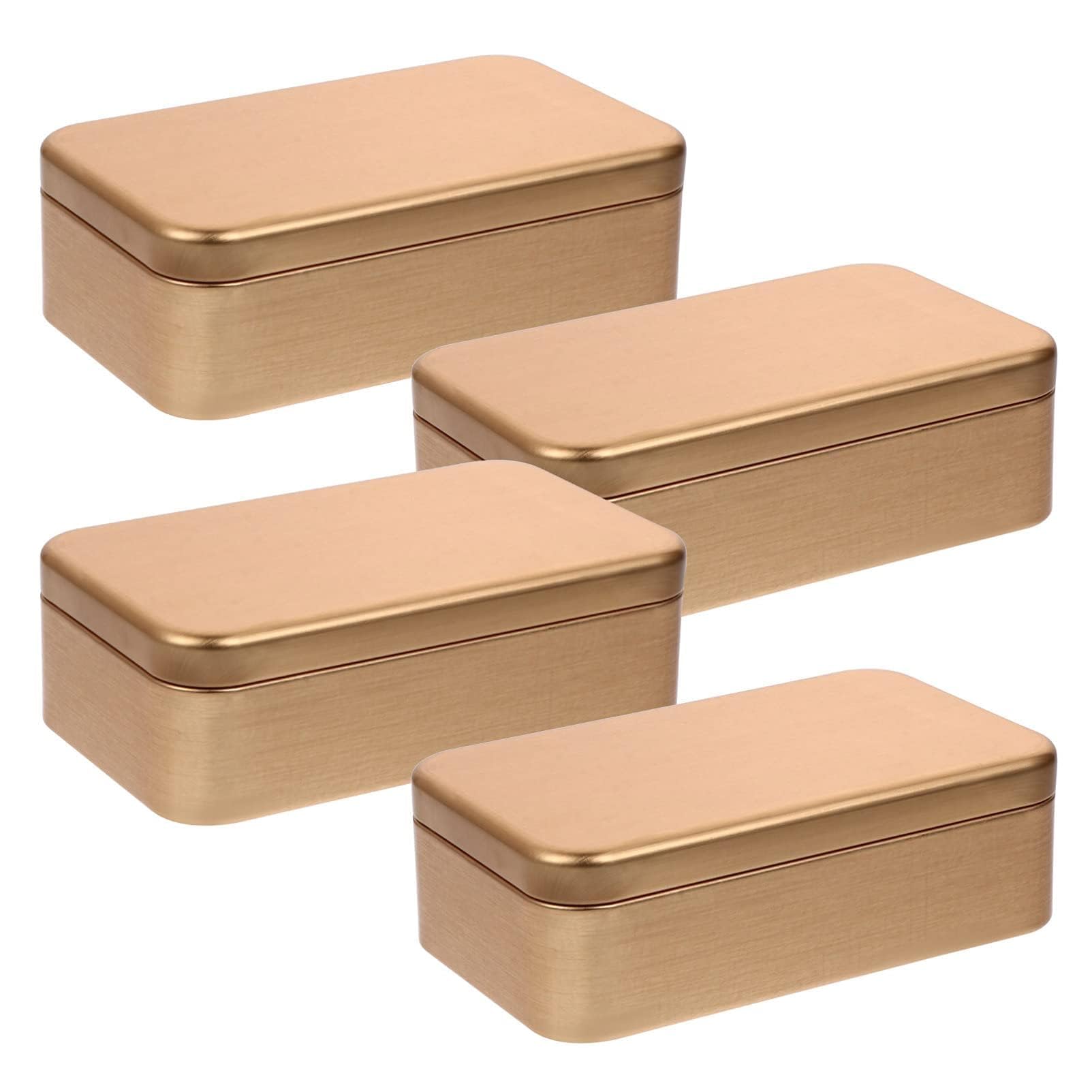 4Pcs Tins Containers, Metal Rectangular Empty Hinged Tins Box, Portable Storage Box with Lid, Small Box Set for Home Organizer(Golden)