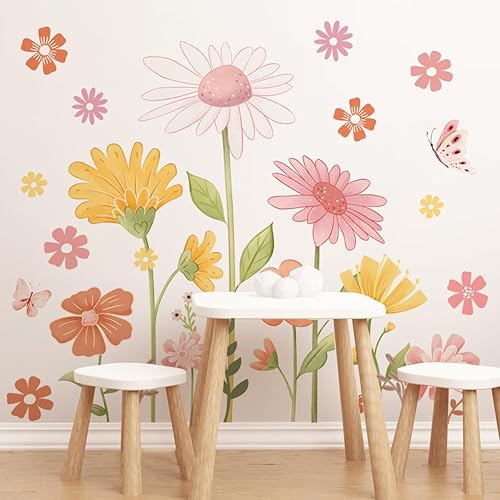 Calcomanías de pared de flores bohemias, calcomanías de pared de margaritas y mariposas, PVC impermeable, autoadhesivas, arte floral, retro, se