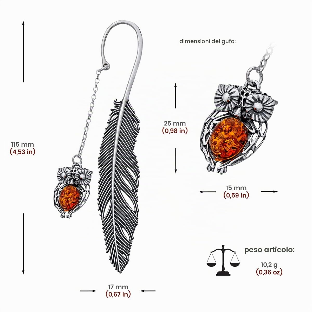 Segnalibro Argento 925 Ossidato, Ambra Baltica Ovale in Colore Cognac, Segnalibro Gufo in Argento con Ambra L. 11,5 cm