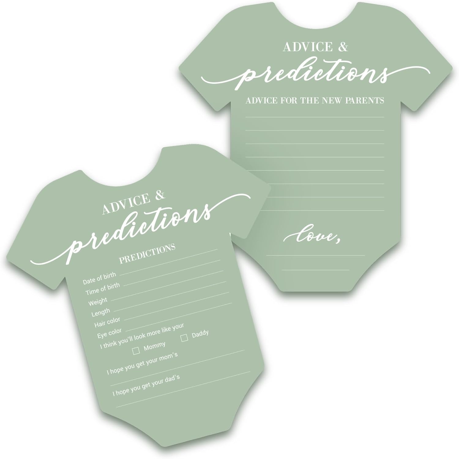 Baby Shower Advice & Prediction Cards - 50 Guests - Green Boy / Girl Onesie | Double Sided Advice & Predictions Cards - Minimalist Gender Neutral Baby Shower Decorations & Games for Boys & Girls - 50 pcs