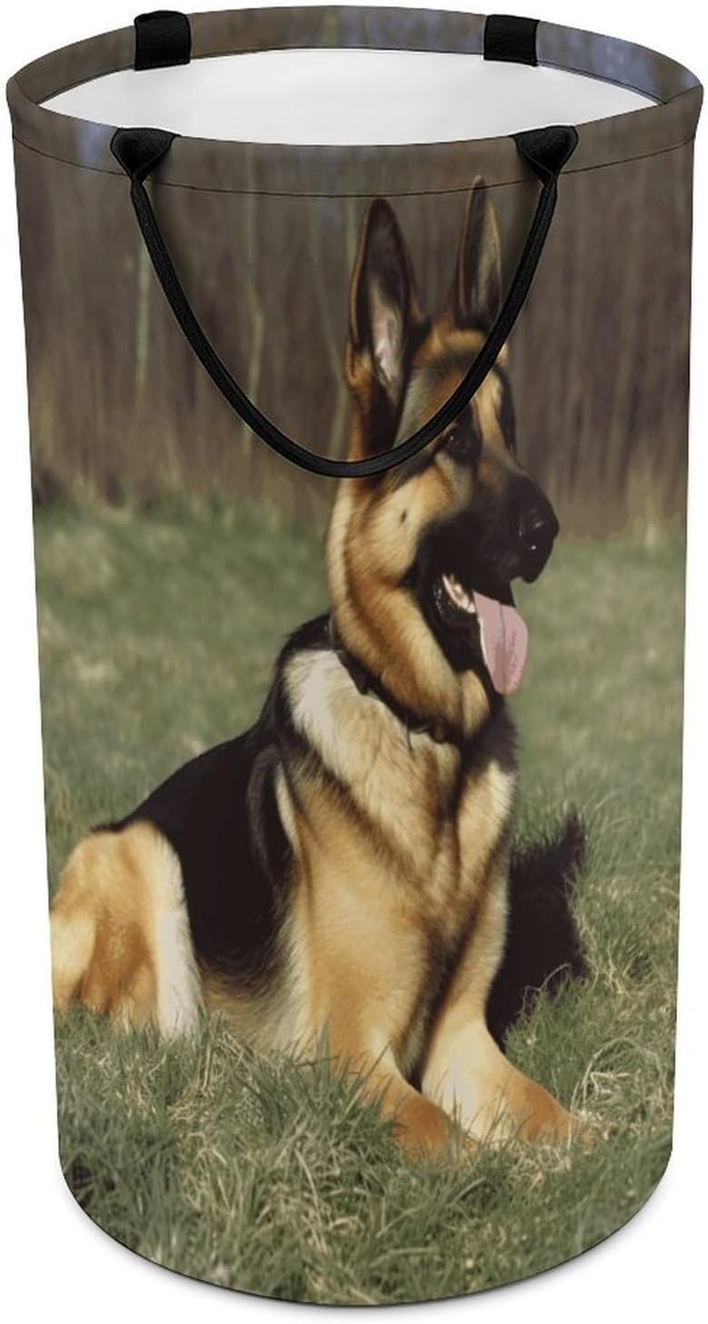 German Shepherd Dog Laundry Hamper with Handles Waterproof Collapsible Laundry Basket Large Lightweight Round Dirty Clothes Hamper for Home Dorm Bathroom Decor