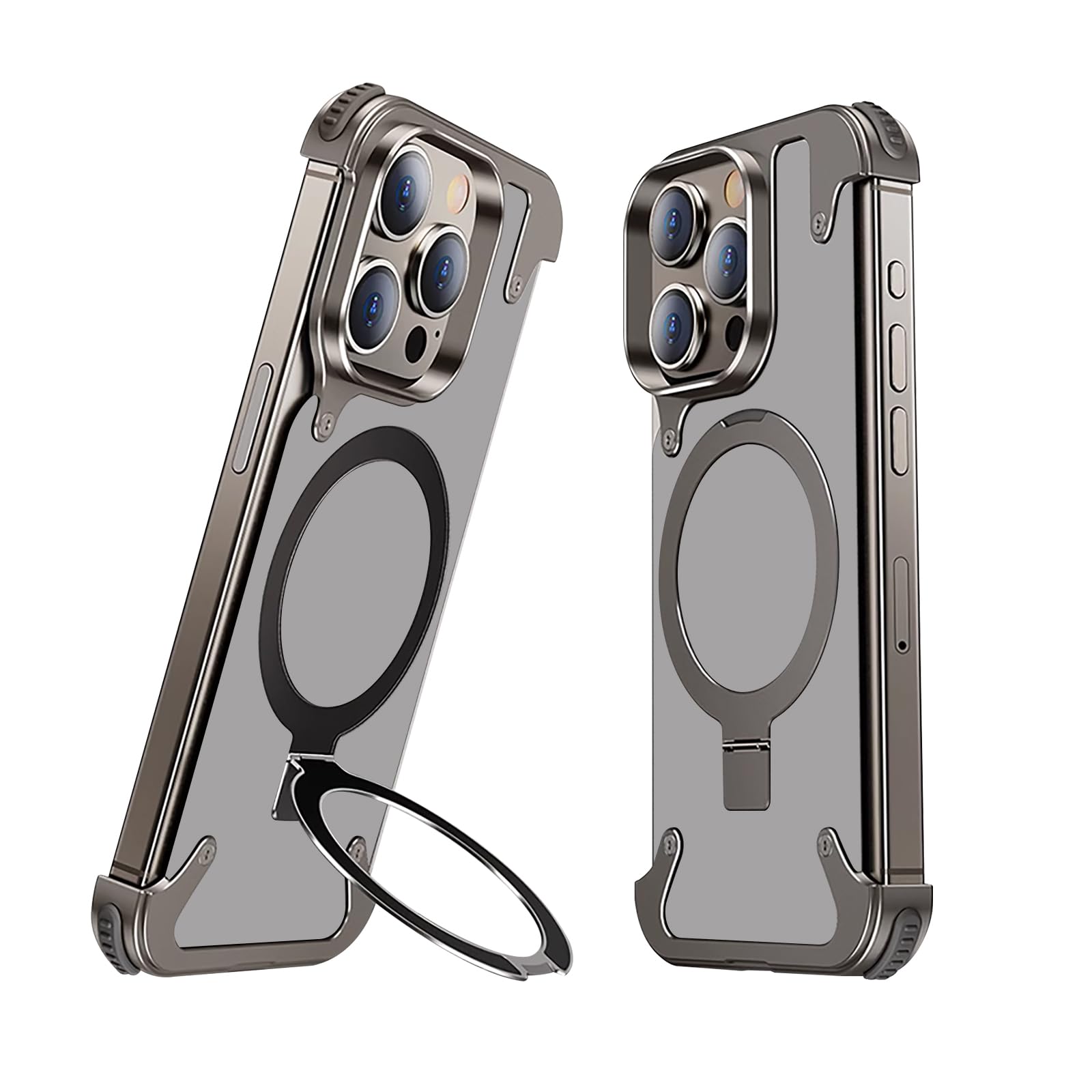 Case For IPhone 15 Pro Max Aluminum Metal Cover With Magnetic Ring 360° Rotating Kickstand - Slim Frameless Design, 4 Corner Drop Protection, Compatible With MagSafe & Adjustable Phone Stand (Silver - View #8