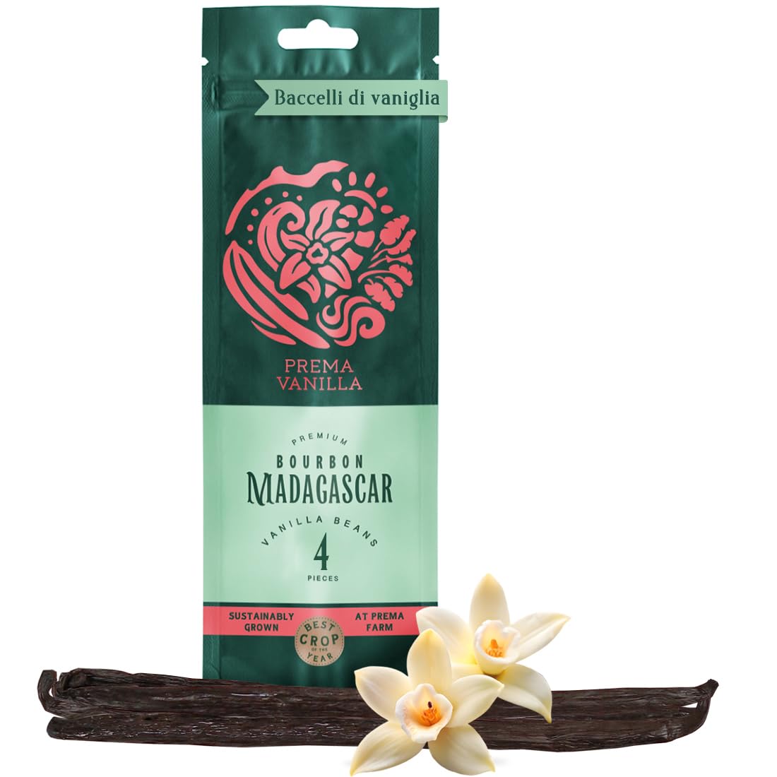 PREMA VANILLA Baccelli di Vaniglia del Madagascar, Vaniglia Bourbon di Grado A per la Preparazione di Estratto, Ideale per Cucina e Pasticceria, Confezione da 4 Baccelli