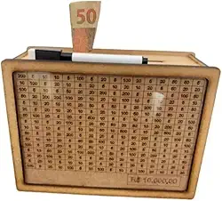 Cofre Cofrinho Modelo Woodbox Poupança Financeira Guardar Dinheiro Até 10 Mil Educação Financeira Infantil