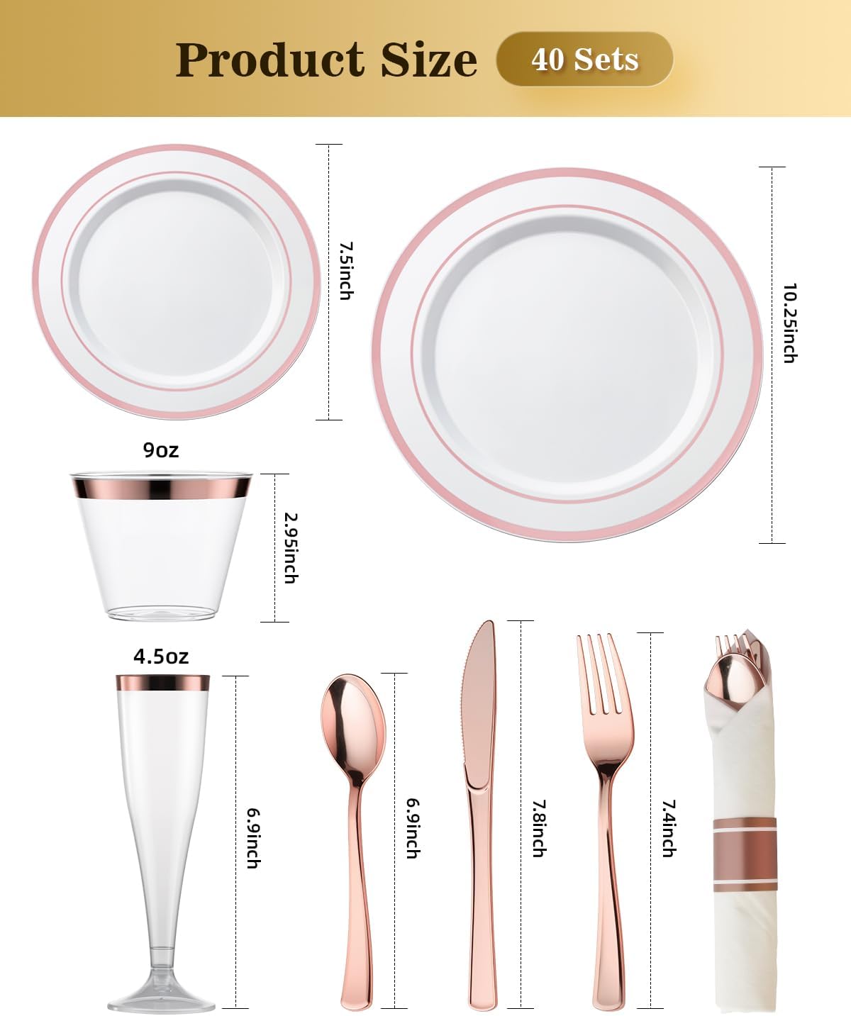 Goodluck 320PCS Rose Gold Disposable Plastic Dinnerware Set for 40Guests, Include 40 Dinner Plates, 40 Dessert Plates, 40 Napkins with Silverware, 40 Cups, 40 Champagne Glasses, for Christmas, Wedding