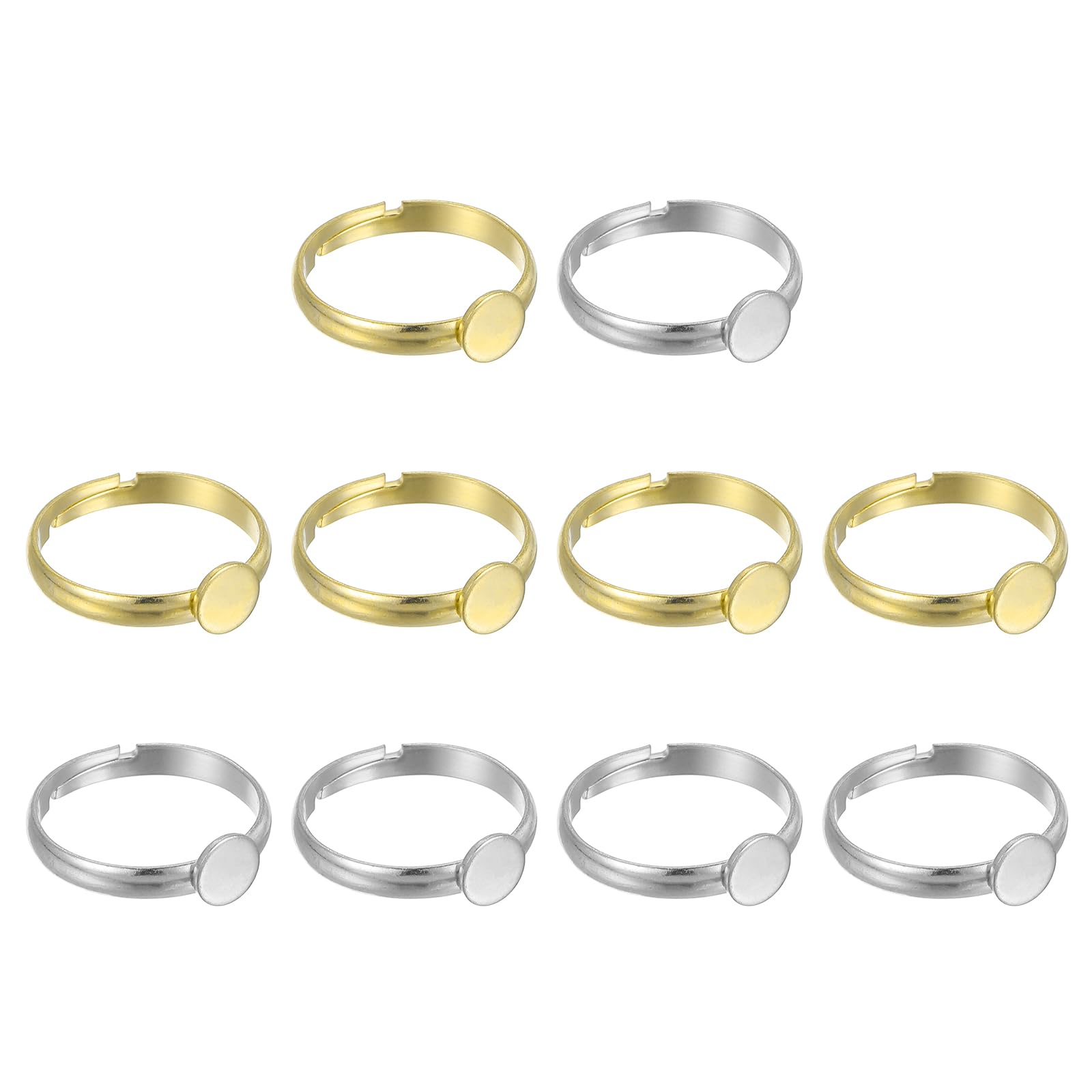 MECCANIXITY 10Pcs Metal Ring Base Blank, 6mm Adjustable Pad Cabochon Ring Blank Base Flat Bezel Tray for Jewelry Making Finding DIY Craft, Silver/Gold