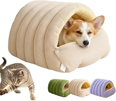 Warm Plush Covered Cat House with Removable Cushion, 2026 New Cat Dog Cave Bed, Winter Cave, Warmth Cozy Comfort Plush Pet Cave, Removable and Washable Winter Closed-Off Cat Bed Light Beige, Medium
