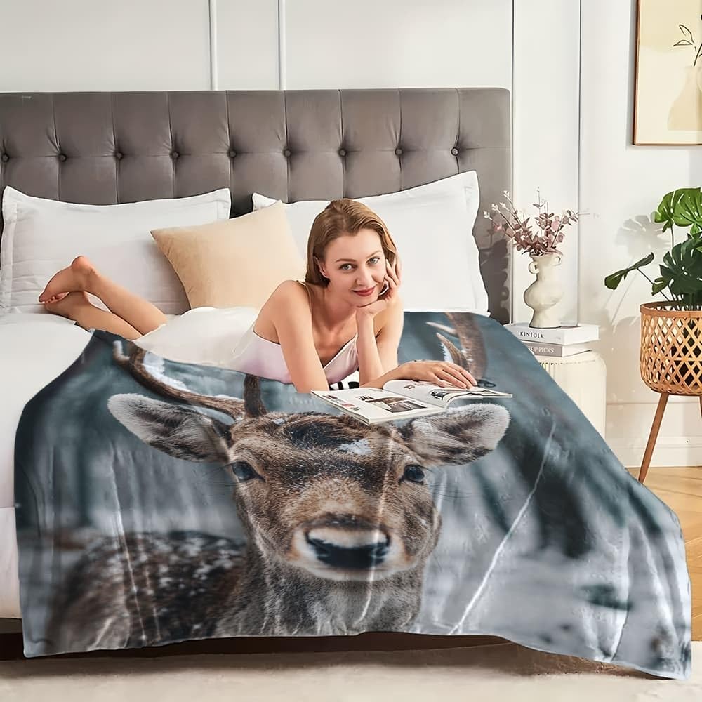 Flanelowy koc na sofę 180 x 220 cm zimowy łoś zwierzę miękki miękki koc na łóżko małżeńskie, brązowy przytulny i ciepły 3D koce polarowe dla dzieci/dorosłych