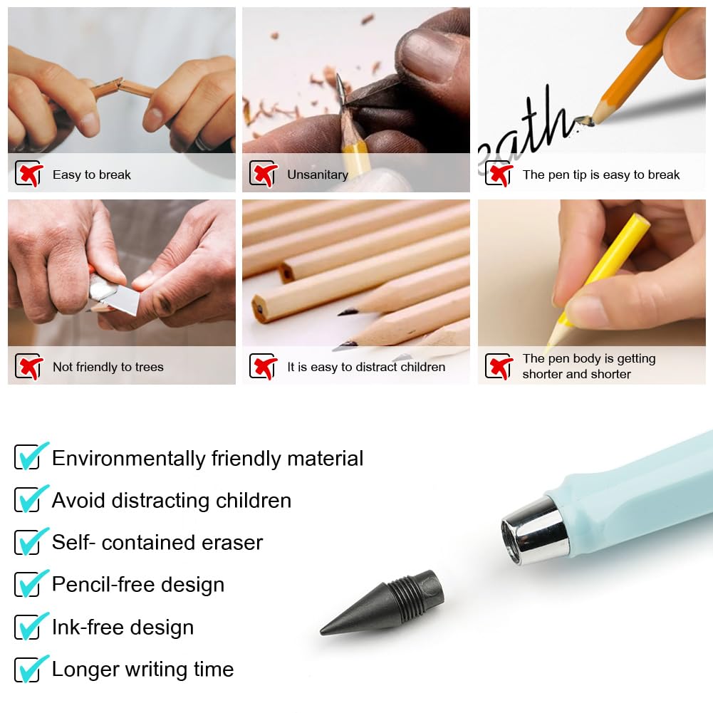 OFFCUP 6 PCS Inkless Pencil, Infinity Pencil with 6pcs Replacement Nibs and 2pcs Eraser, Reusable Everlasting Pencils - Image 4