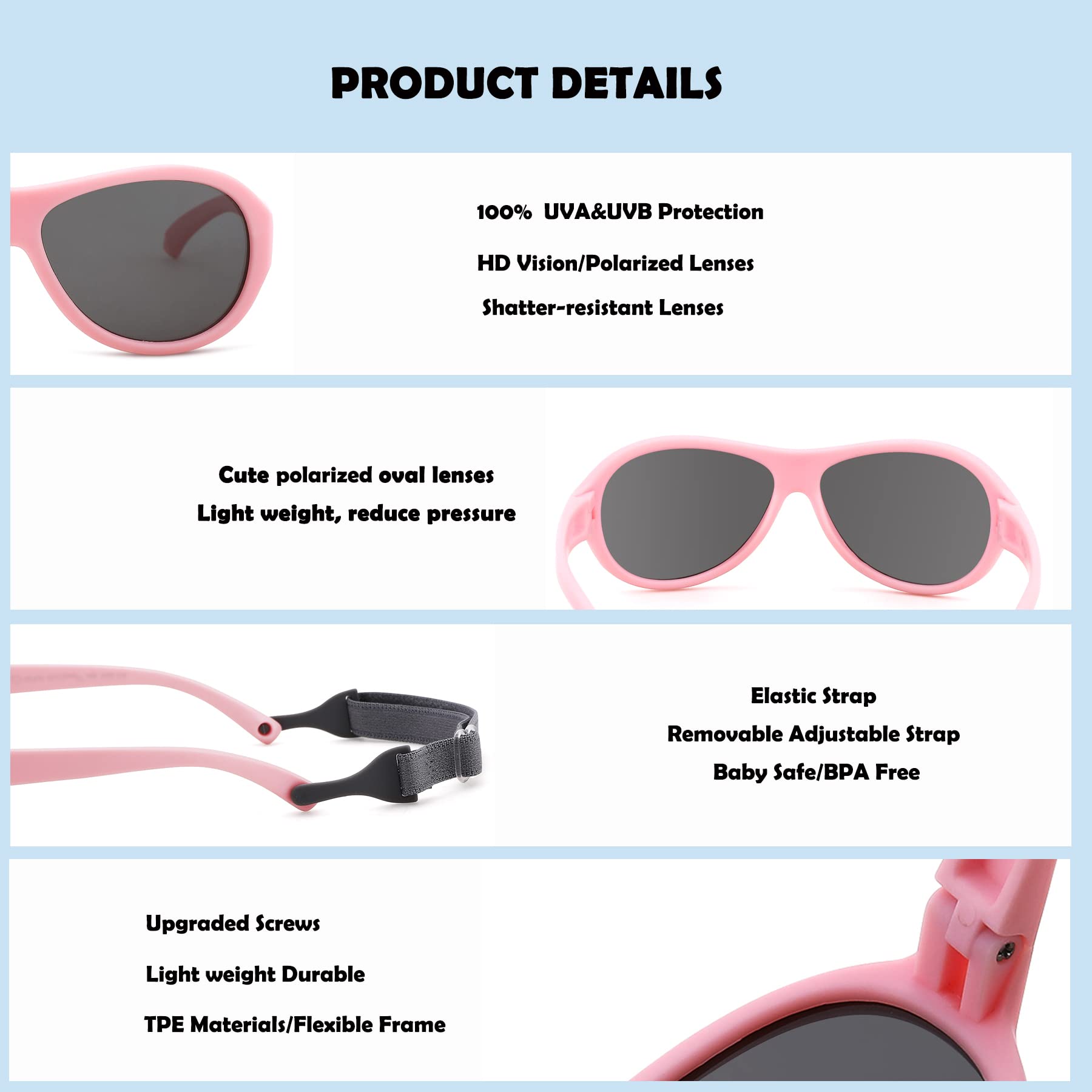 Flexible Baby-Sonnenbrille, polarisiert, niedlich, oval, mit Riemen, für Kleinkinder, Jungen, Mädchen, Alter 0–24 Monate
