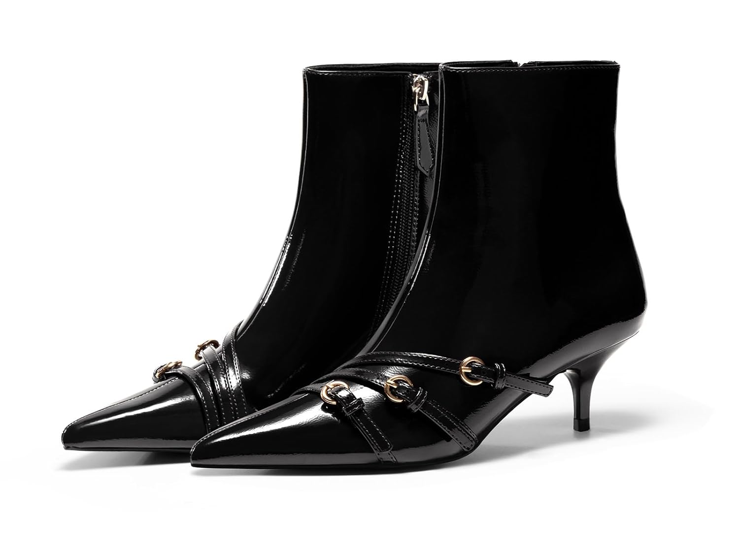 Coutgo Womens Buckle Strap Ankle Booties Kitten Low Heel Pointed Toe Y2K Boots Side Zipper Fall Shoes