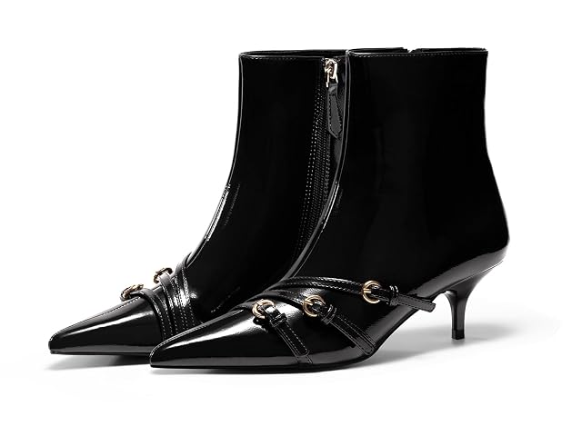 Coutgo Womens Buckle Strap Ankle Booties Kitten Low Heel Pointed Toe Y2K Boots Side Zipper Fall Shoes