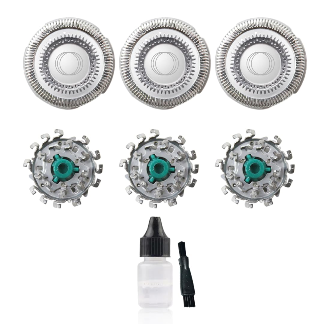 BLUE ELF Replacement Heads SH60/72 for Philips Norelco Series 6800; S6810/82, S6850/85, S6880/81 Shavers + Double Ended Shaver Brush + Oil