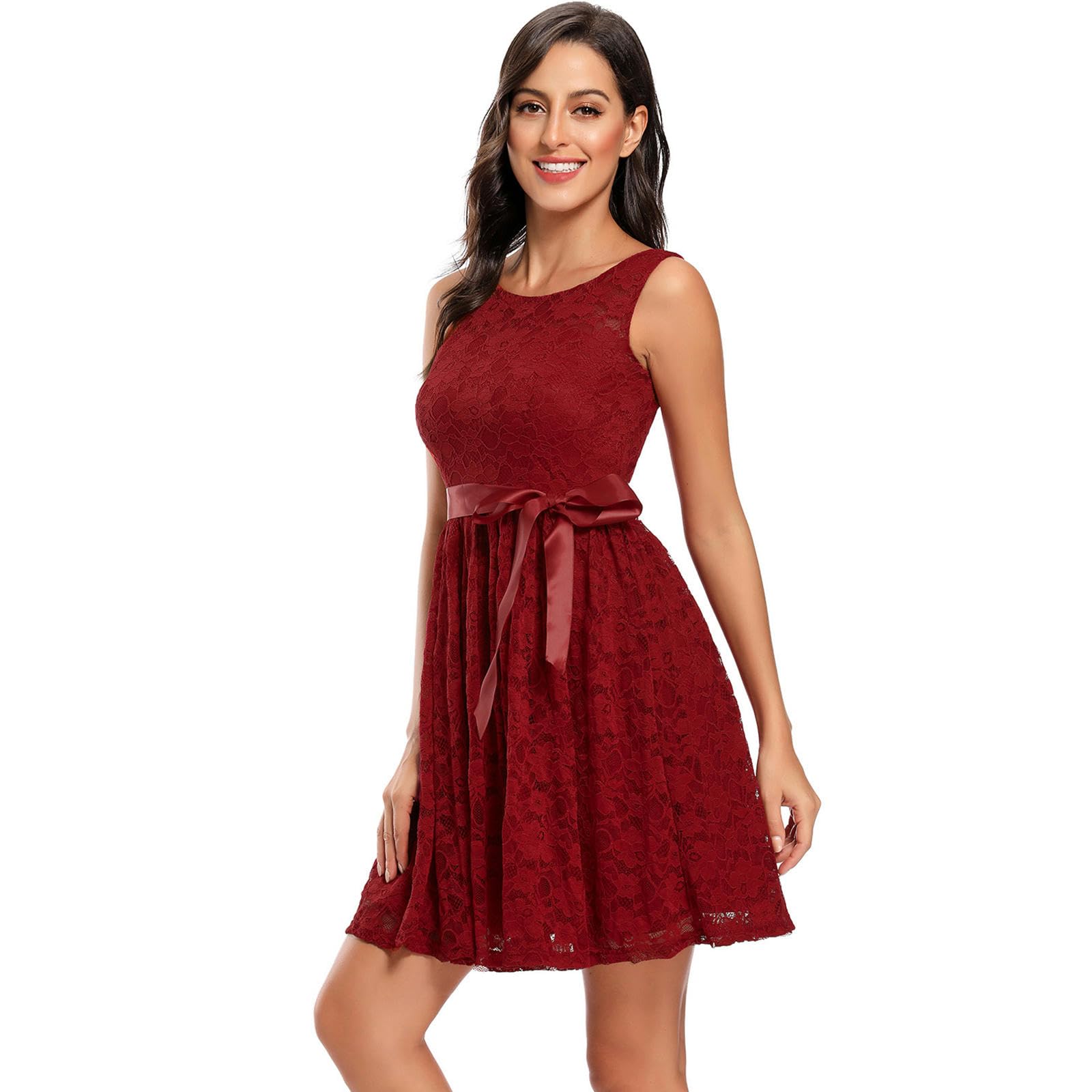 Abito Donna Invernale Donnetto Rotondo da Donna Elegante Swing in Pizzo A Mezza Lunghezza Abito da Damigella d'Onore da Damigella d'Onore-Claret-XXL