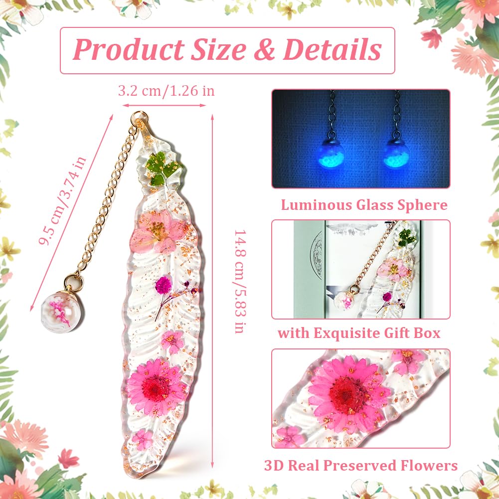 Marcapáginas de Flores Secas de Resina con Caja de Regalo - Accesorio de Lectura Original para Estudiantes y Mujeres (Rosa)