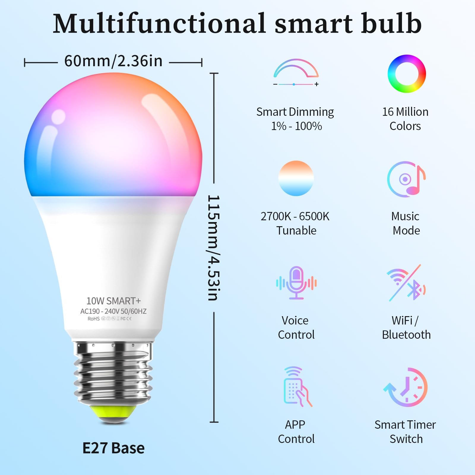 Oumida Bombilla LED Inteligente Wi-Fi, Multicolor, Regulable, Bombilla RGB,Casquillo E27, 9W, 806 lúmenes para Google Home/Alexa,Paquete 2