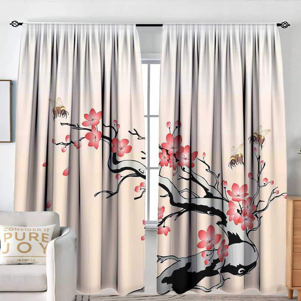 Window Blackout Curtains House Decor,Flowering Cherry Branch with Flying Bees Summer Garden Windy Day Nature Artwork,Pink Black Gray,for Room Darkening Panels for Living Room, Bedroom 84"x84"