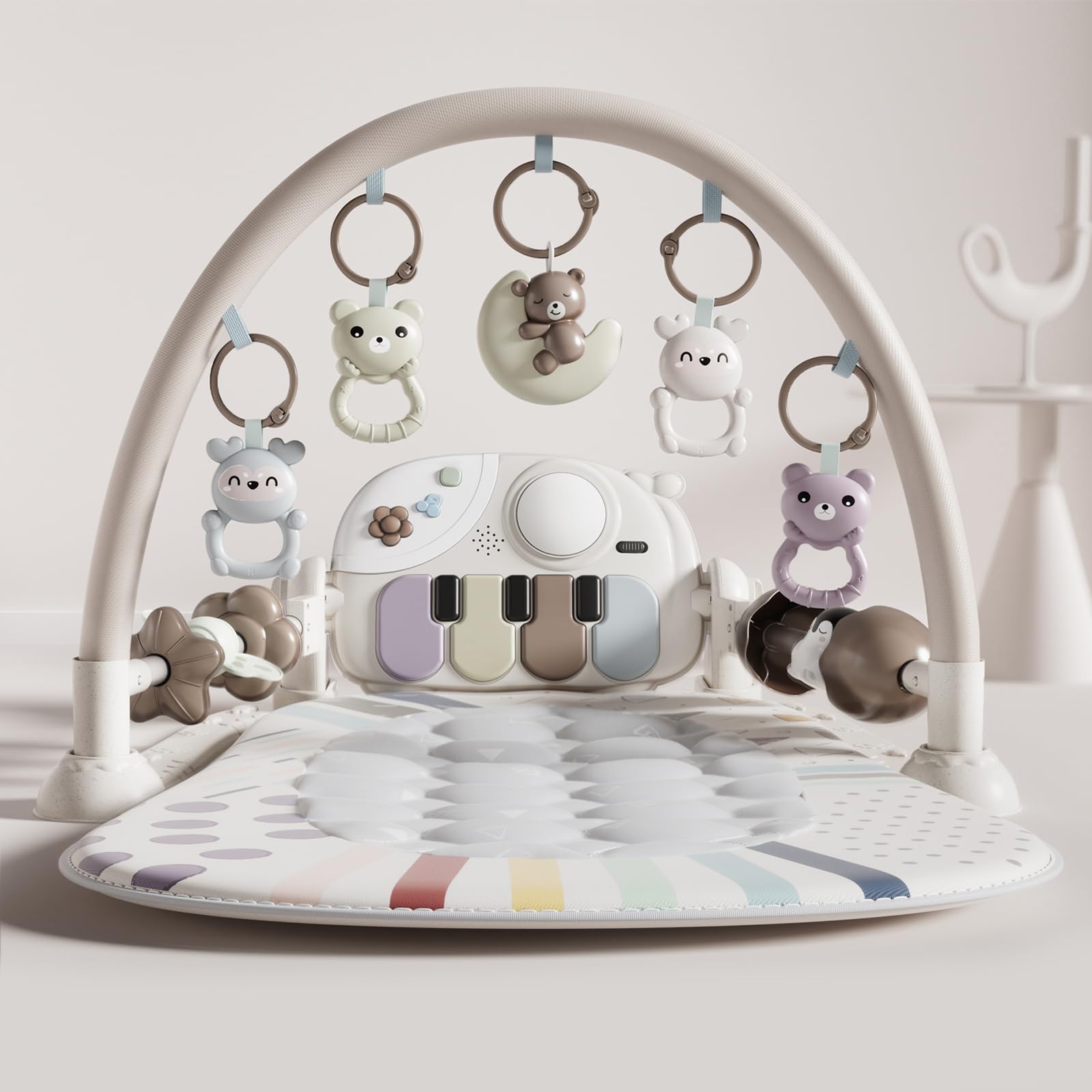 Baby Gym Play Mat with Detachable Musical Piano Light Up Activity Center with 4 Rattles Glowing Night Light