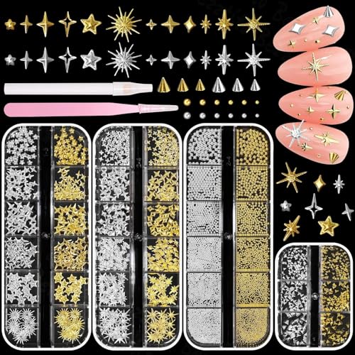 Gold Silver Starburst Nail Charms, Caviar Nail Beads, 3D Gothic
