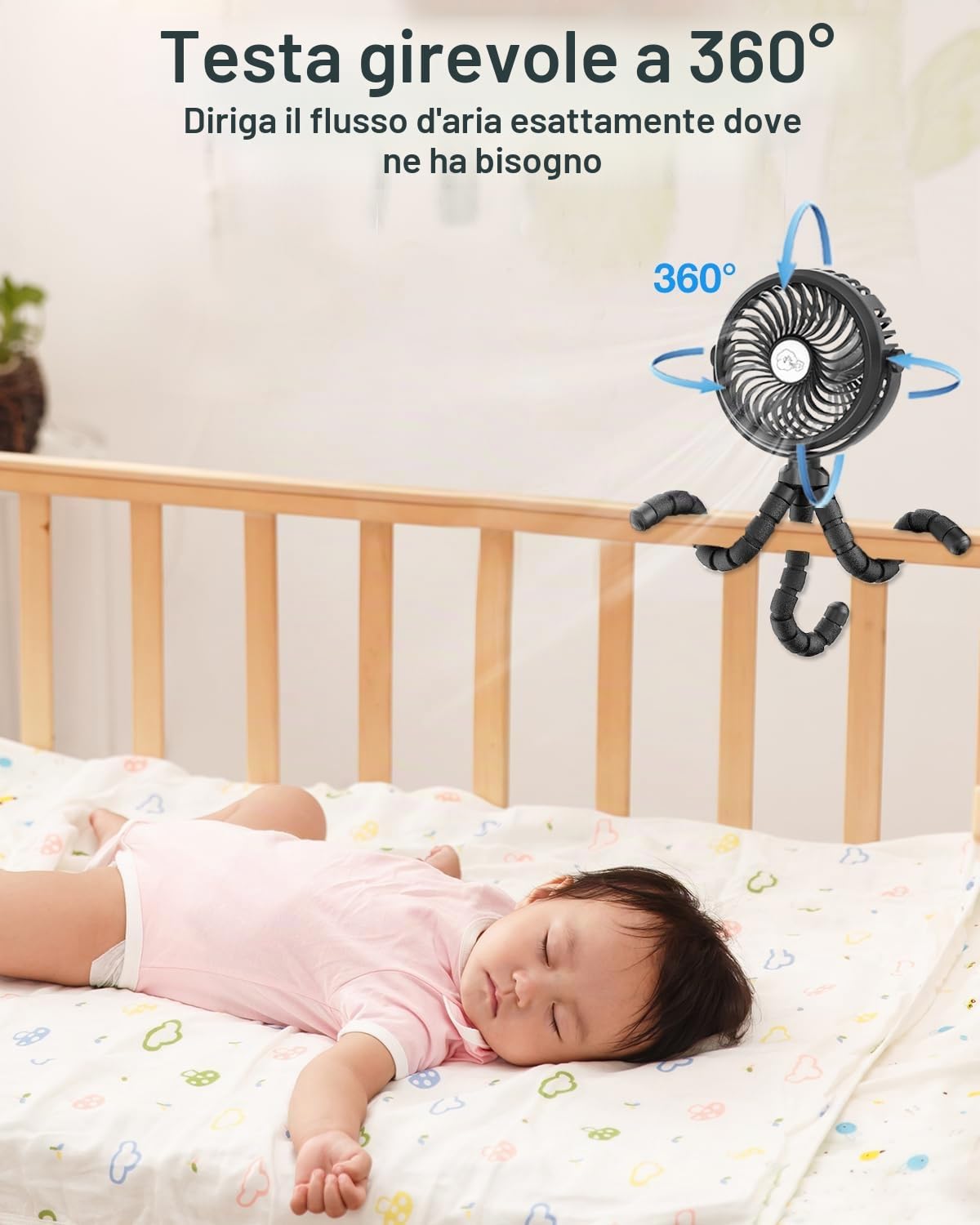 Migliorato Ventilatore USB 5200 mAh, 3 Velocità Silenzioso per Passeggino | Ventilatore a Mano Regolabile a 360°, Mini Ventilatore da Tavolo da Campeggio Portatile 24 ore, Ø13cm