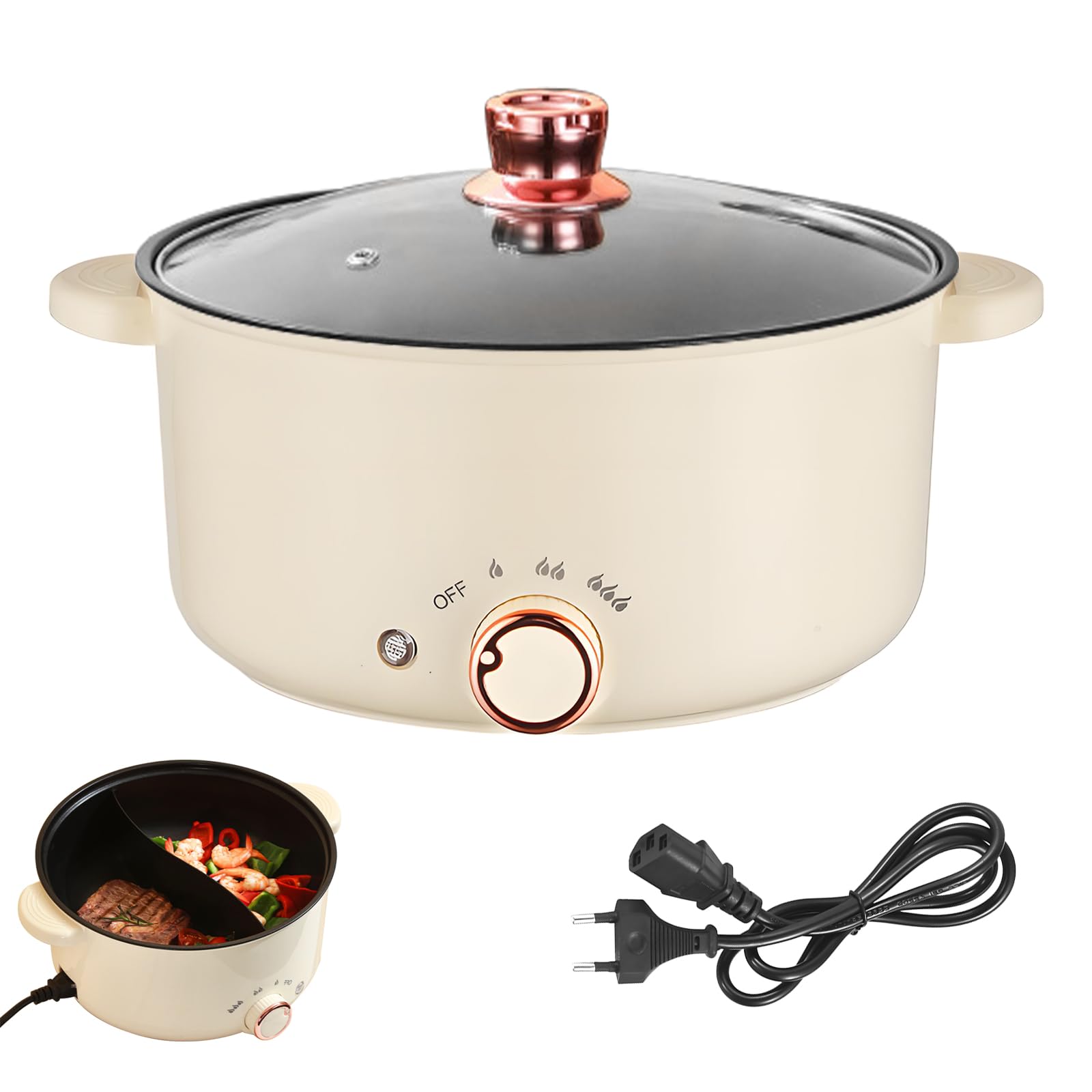 Hot Pot, Olla eléctrica de 4 L con compartimentos Antiadherente Crockpot de 1000 W con 3 Ajustes de Potencia para Cocinar Guisos Hacer Sopa Cocinar Fideos Freír Filetes y Saltear Verduras
